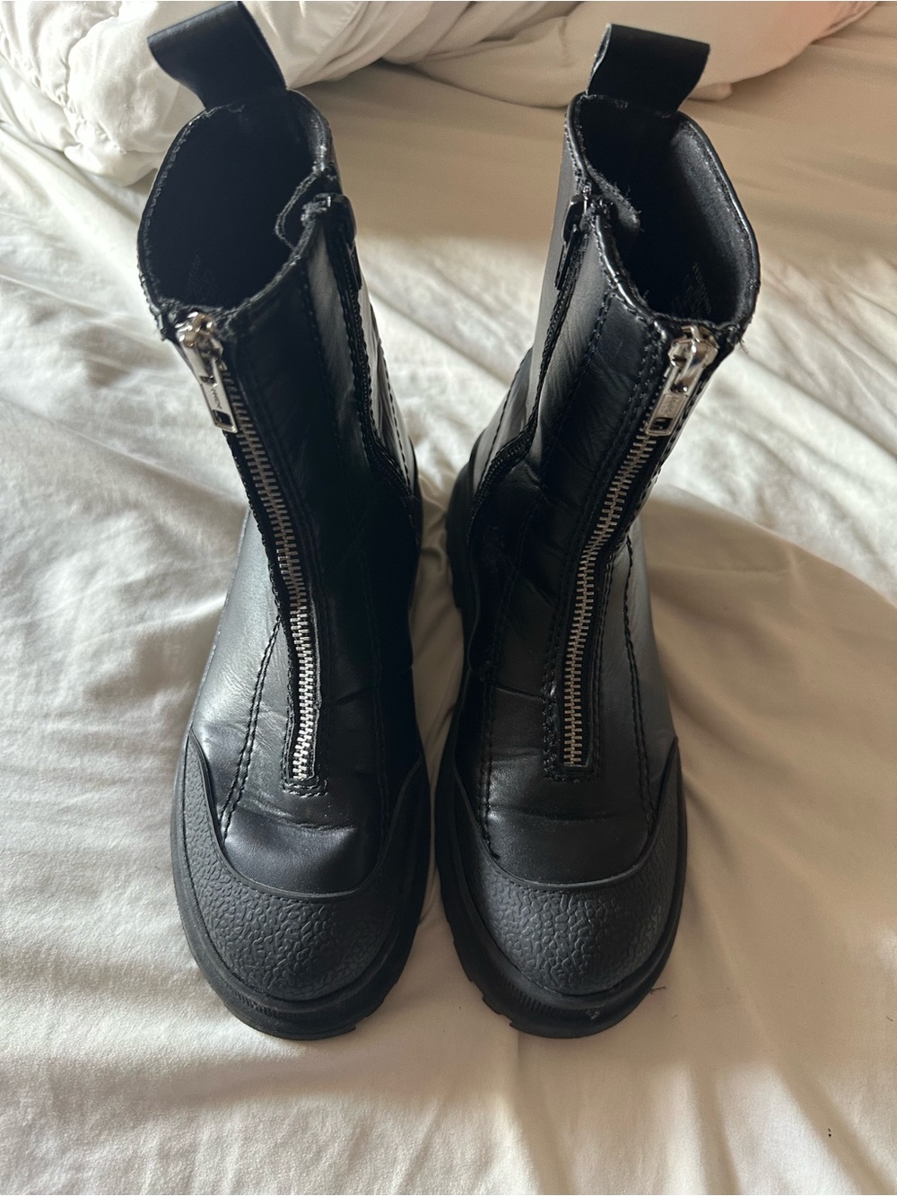 Zara Kids Girls Black Front-Zip Leather Combat Boots 35/3